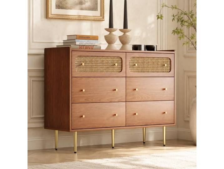 Commode 120 cm noyer avec 6 tiroirs cannage rotin et pieds métal meuble chambre salon
