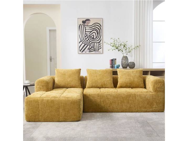 ROVRYN Canapé modulable 3 places en chenille jaune avec méridienne 3 coussins et poches latérales