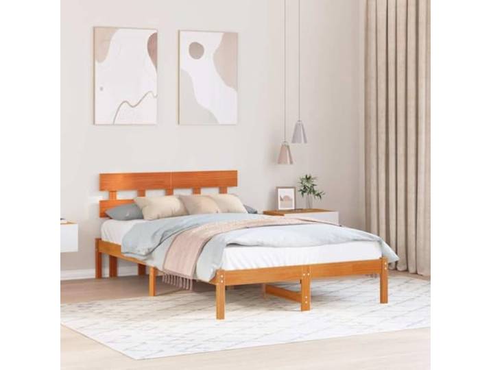 Massivholz Kiefer Modernes Design Standard Braun 140 x 190 cm Bettgestell mit Kopfteil Braun 140x190 cm Massivholz Kiefer Lattenrost Stabil Modernes Design