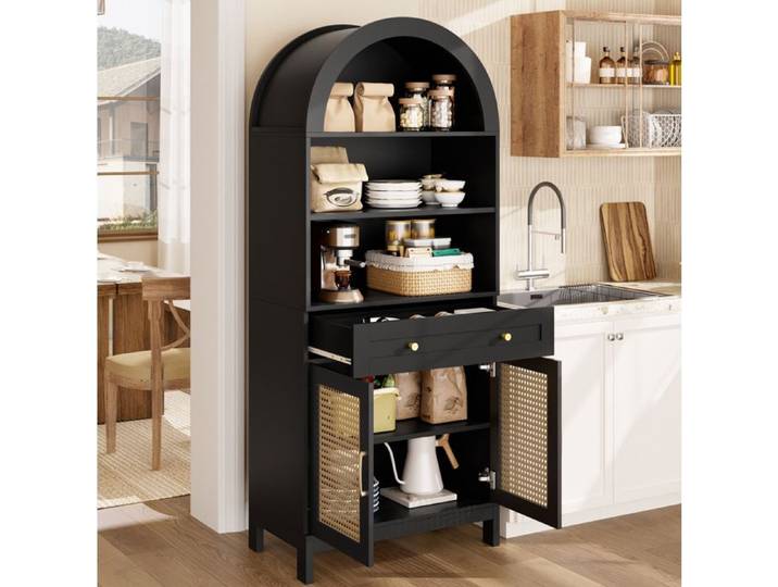 Buffet haut arqué 170 cm noir effet bois 3 niches 1 tiroir 2 portes en rotin