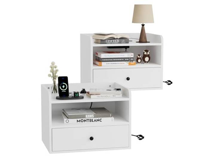 BonVache Nachttisch Hängend 2er Set, Integrierter Steckdose, Weiß 2‑Steckdosen mit USB & USB‑C‑Anschlüssen, Offener Raum und Schubladen, für Wohnzimmer, Schlafzimmer, Modern‑schlicht