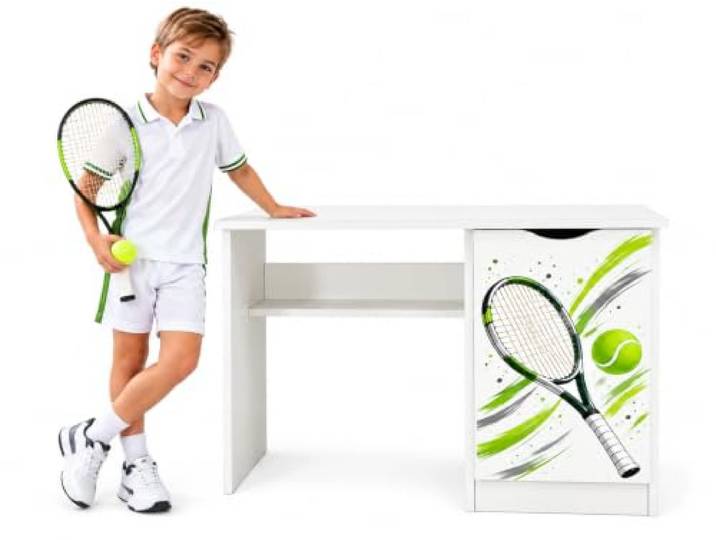 BAYAGU Kinderschreibtisch Roma mit Schrank, 90x50x77 cm (Tenis) Direkter UV-Druck auf der Front, Einlegeboden im Schrank, weiße Oberfläche, Arbeitsfläche zum Lernen, Schreiben und Zeichnen