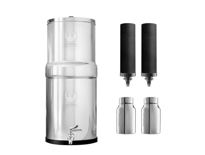 Phoenix Gravity - 8-Liter-Edelstahl-Wasserfilter (NSF/ANSI 42- und 372-zertifiziert) mit 2 Smart Carbon- und 2 POSTreat Steel-Fluoridfilterkartuschen, inklusive kostenlosem Edelstahl-Wasserhahn