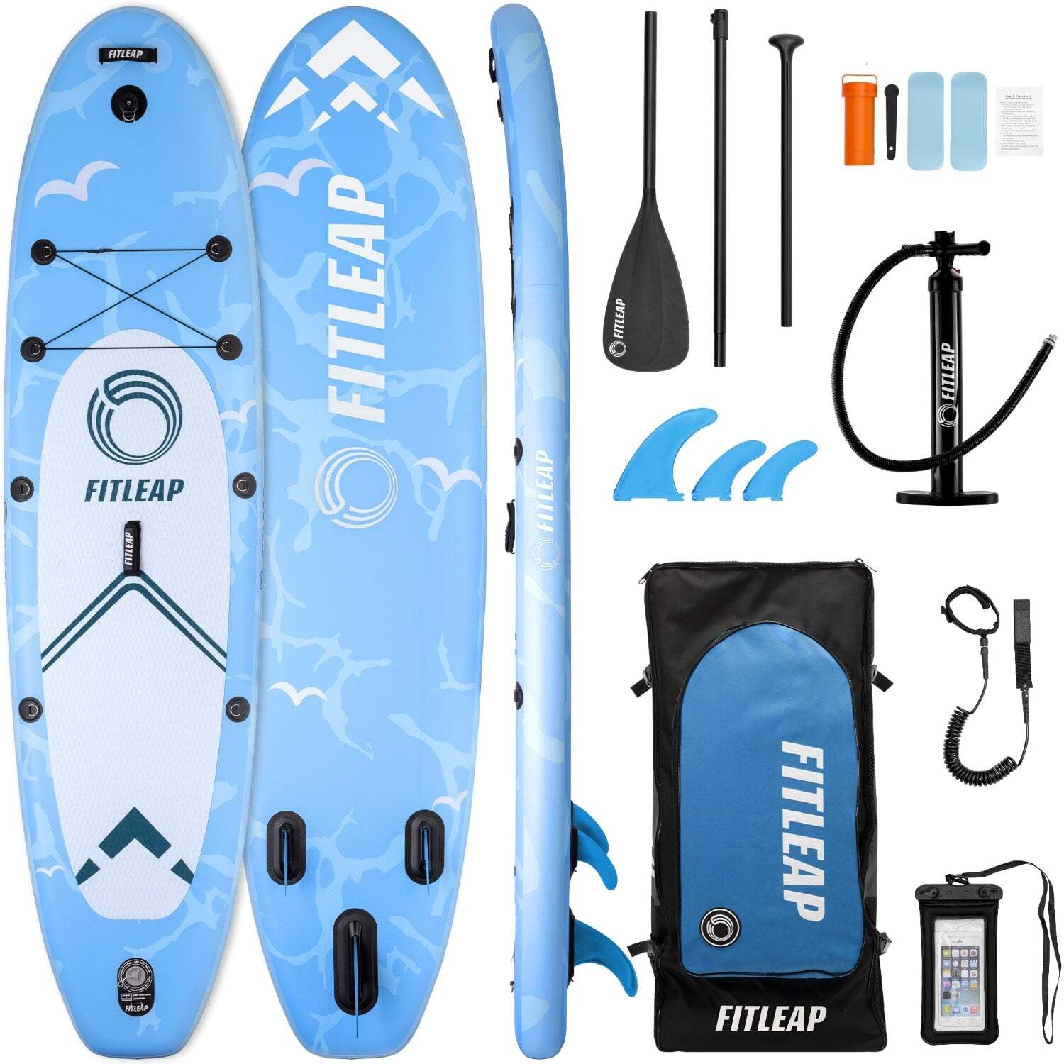 Fitleap Premium Stand Up Paddle Board aufblasbar - SUP Board Set mit Hochdruckpumpe, verstellbarem Paddel und Rucksack - Ideal für Anfänger und Profis - Perfekt für Yoga, Surfen und Wassersport