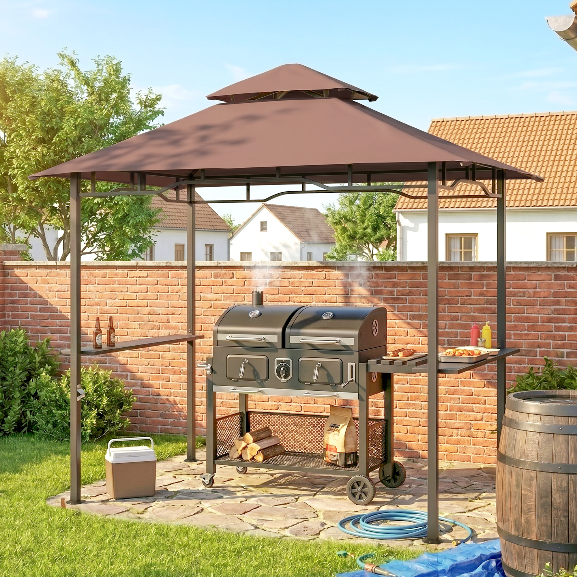 Outsunny – Gazebo Riparo per Barbecue BBQ Tendone da Esterno Doppio Tetto in Poliestere Caffè, 245 x 148cm