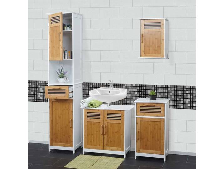 Meubles de salle de bain HWC-A85 armoire haute meuble sous évier armoire suspendue commode bambou blanc