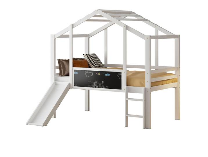 Redom Hochbett 90/200 cm aus Holzwerkstoff mit Rutsche, Leiter und Tafel im Hausstil, Weiß, 90x200 cm, Babymöbel & Kindermöbel, Kinderzimmer & Jugendzimmer, Kinderbetten, Hochbetten