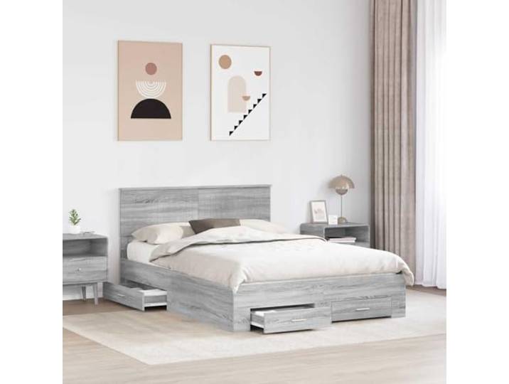 KTHLBRH Bettgestell Sonoma, grau, 135 x 190 cm Technisches Holz, integrierte Schubladen, Lattenrost, modernes Design