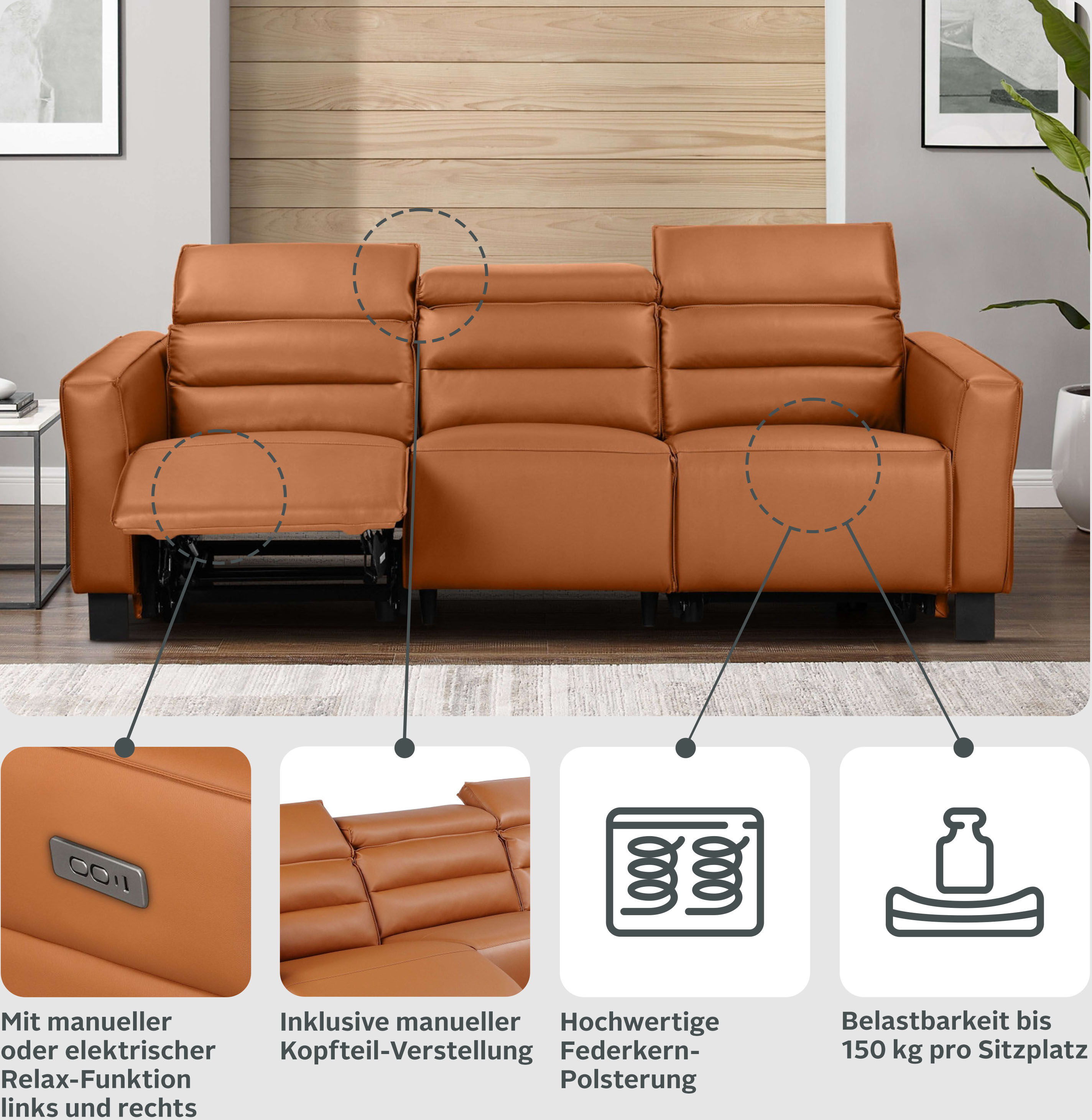 3-Sitzer GOODPRODUCT "Carpari Lederoptik, 224 cm, man./elektr. Relaxfunktion", braun (cognac), B:224cm H:97cm T:100cm, Sofas, 3-Sitzer, (USB A/C), sowie Kopfteilverstellung cognac B/H/T: 224cm x 97cm x 100cm, Kunstleder,manuelle Relaxfunktion auf linker u