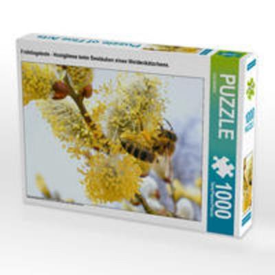 CALVENDO Puzzle Frühlingsbote - Honigbiene beim Bestäuben eines Weidenkätzchens. | 1000 Teile Lege-Größe 64x48cm Foto-Puzzle für glückliche Stunden