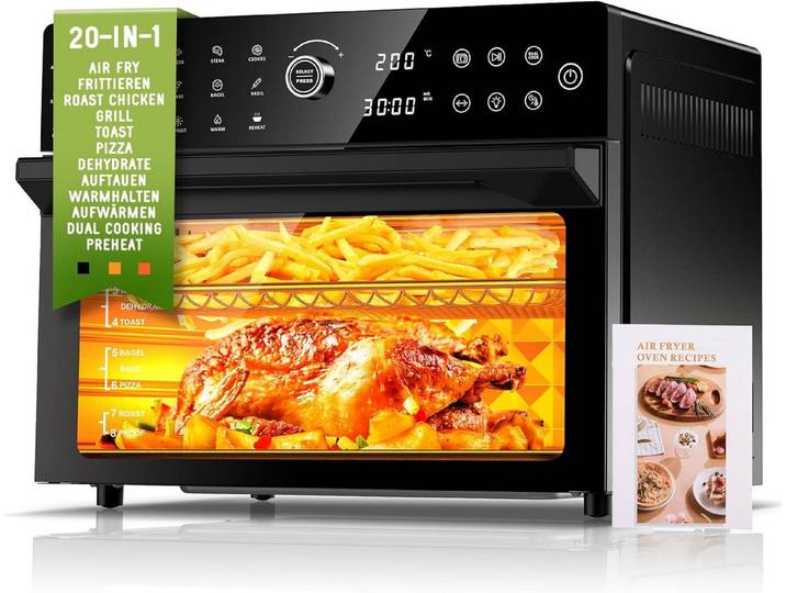 Azmsary Minibackofen 30L XXL-Heißluftfritteuse mit Touchscreen, 1800W & 20 Programmen, LED-Smarttouch, 30L Dual-Kochsystem, 7 Profi-Zubehör.