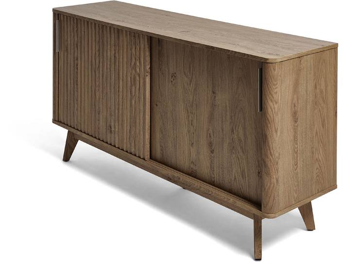 Sideboard JAHNKE WAVE SBS 145 , braun (montana eiche), B:148cm H:76cm T:39,8cm, Holzwerkstoff, Sideboards, Sideboard, Retro-Stil, mit 2 Schiebetüren, ca. 148 cm
