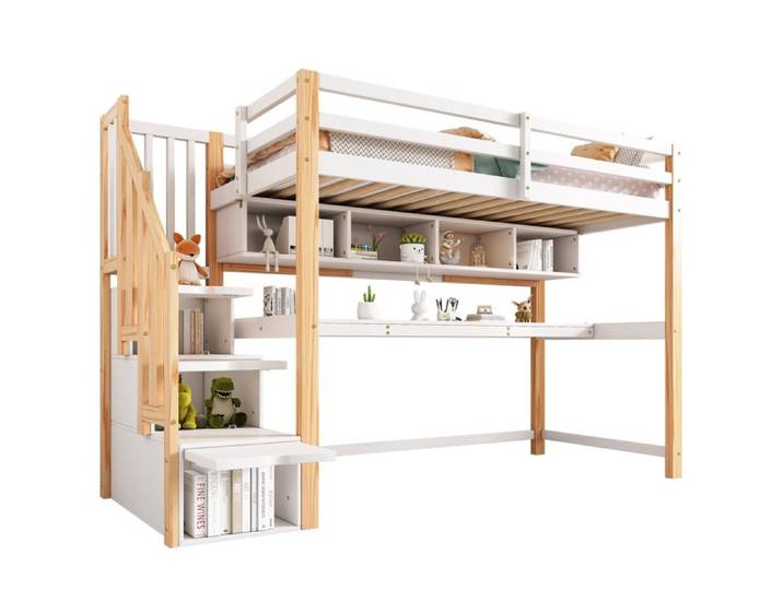 Kinderhochbett avec grand bureau et étagères peintures écologiques naturel et blanc