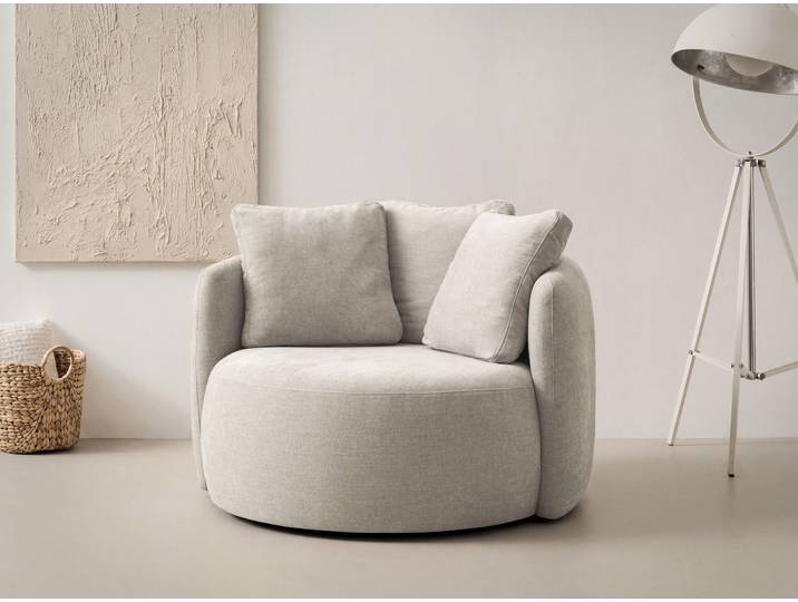Sessel GOODPRODUCT Kaarl, moderner Rundsessel, Loungesessel, Loveseat , beige (hellbeige), B:120cm H:90cm T:120cm, Sessel, Sessel, Webstoff, in fünf Farben, inkl. Rückenkissen, zeitloses Design