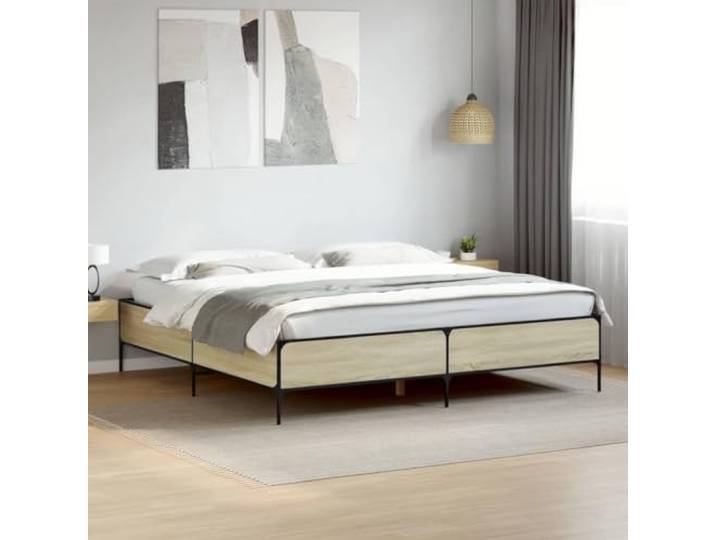 RJPLMFV Bettgestell, Holz, Sonoma-Eiche, 180 x 200 cm Robuste Metallfüße, inklusive Latten, Lattenrost-Design, langlebig und stabil