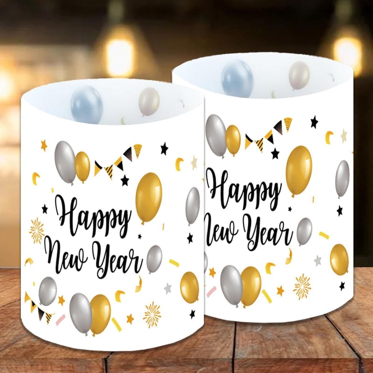 Set van 12 Happy New Year windlichten voor tafeldecoratie en silvesterfeesten