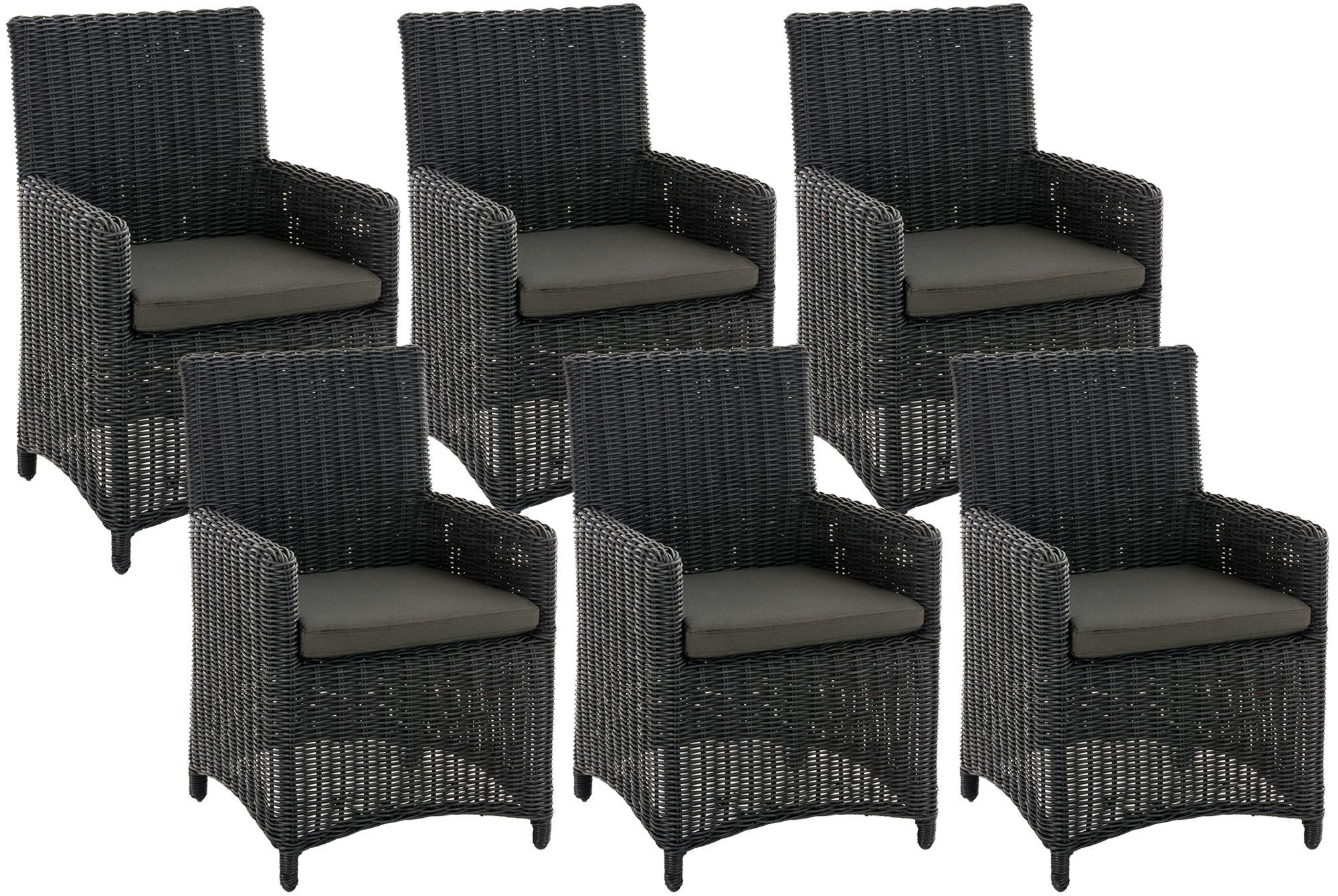 CLP Gartenstuhl 6er Set Fontana, Polyrattan Gartenstühle, Hochlehner mit Sitzkissen, schwarz Polsterfarbe Anthrazit