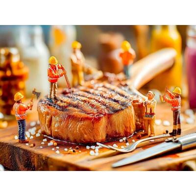 CALVENDO Puzzle Miniatur Bauarbeiter prüfen Steak mit Thermometer neben glänzendem Besteck | 2000 Teile Lege-Größe 90x67cm Foto-Puzzle für glückliche