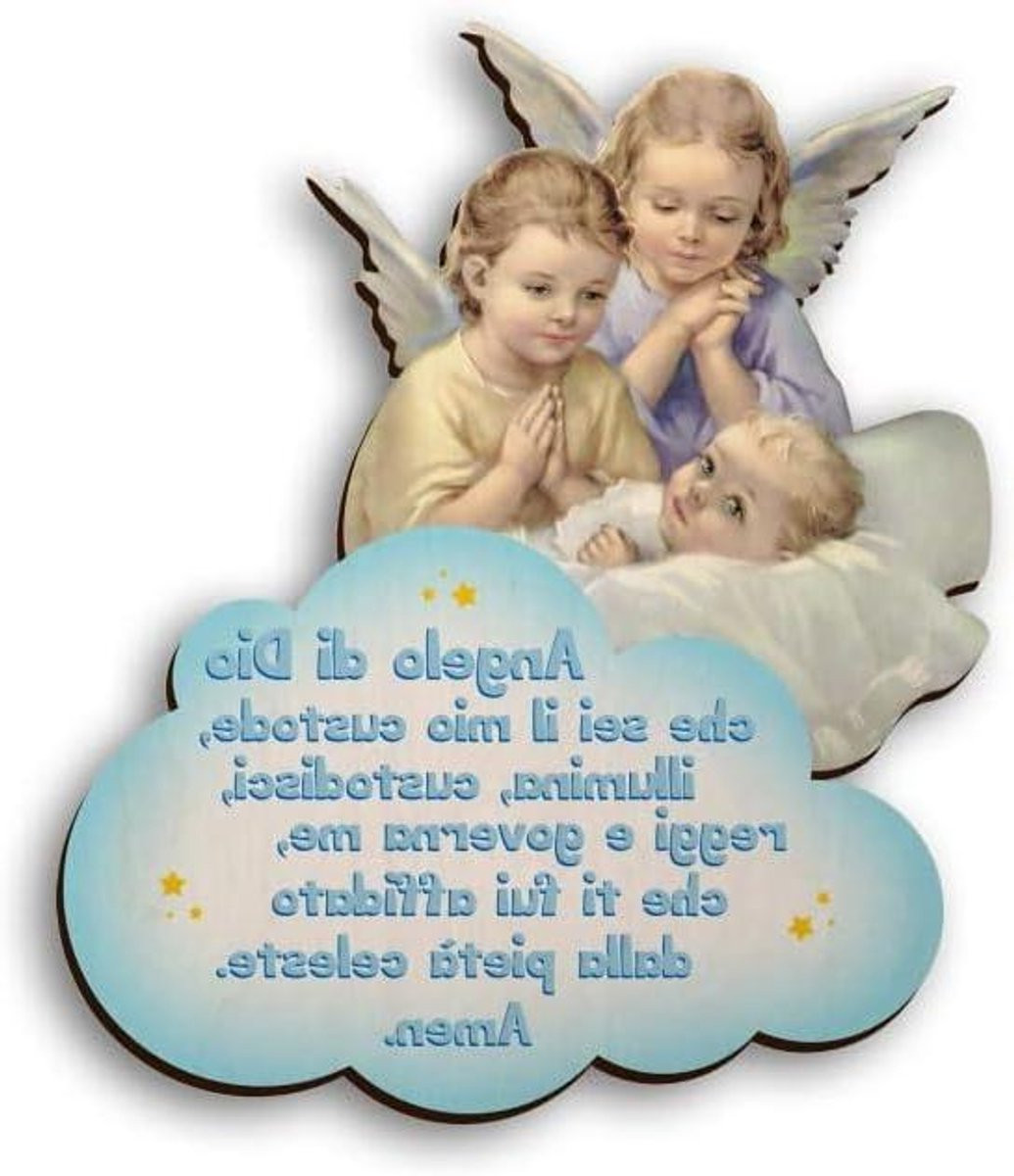 Religieus houten engel beeldje voor volwassenen, meerkleurig, 11 x 14 cm