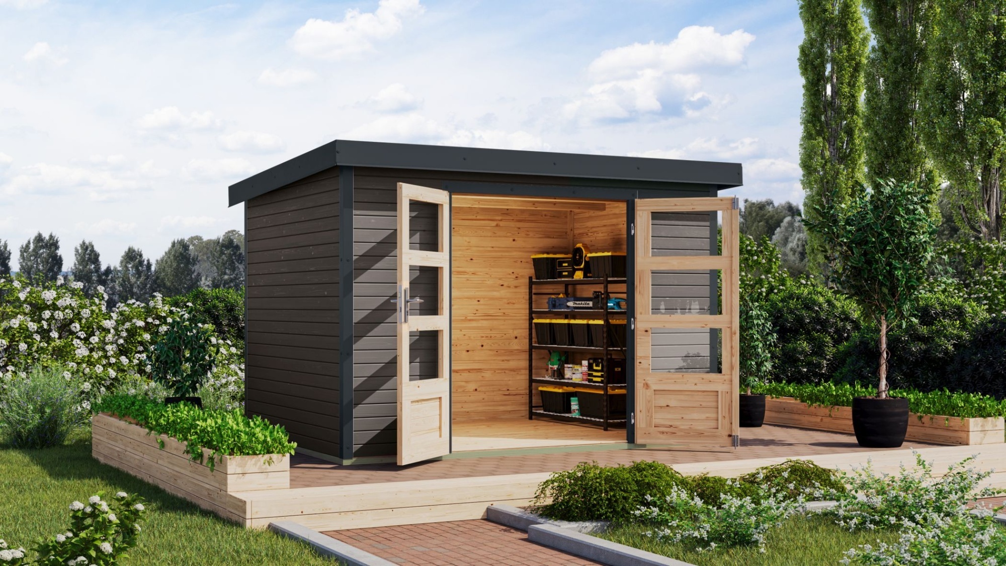 Karibu Gartenhaus Hybridhaus Metall Jupiter 4 terragrau 298,5x213,5x209 cm