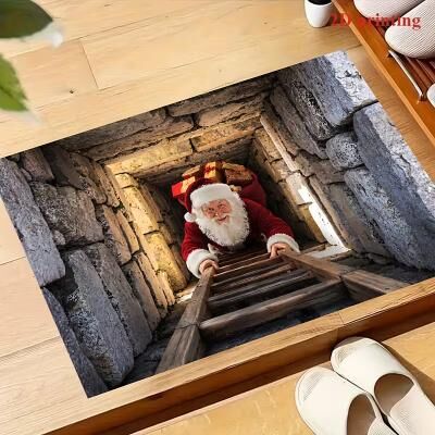 LightInthebox 3D Optical Illusion Doormat, 3D Christmas Santa Claus Climbing Ladder Tunnel Mat, Non-Slip Washable Bottomless Hole Rug for Front Door Indoor Outdoor Floor Decor