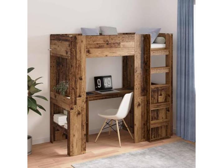 Holzwerkstoff Loft Schreibtischbett Einzelbett Kleine Räume Braun 75 x 190 Etagenbett mit Schreibtisch Altholz 75x190 cm Hochbett Loftbett Einzelbett mit Leiter und Regal für Schlafzimmer, Wohnheim,