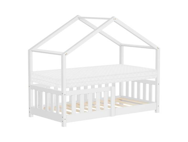 Lit cabane enfant ML-Design 70x140 cm blanc pin massif avec matelas antichute sommier Montessori