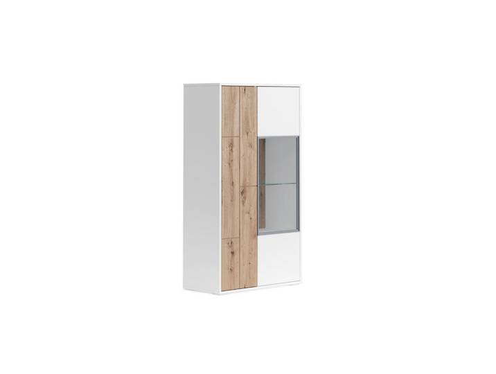 Carryhome Vitrine, Weiß, Eiche Artisan, Glas, 5 Holz / 1 Glas Fächer, 75x137x37 cm, Beimöbel erhältlich, Wohnzimmer, Wohnwände, Vitrinenschränke