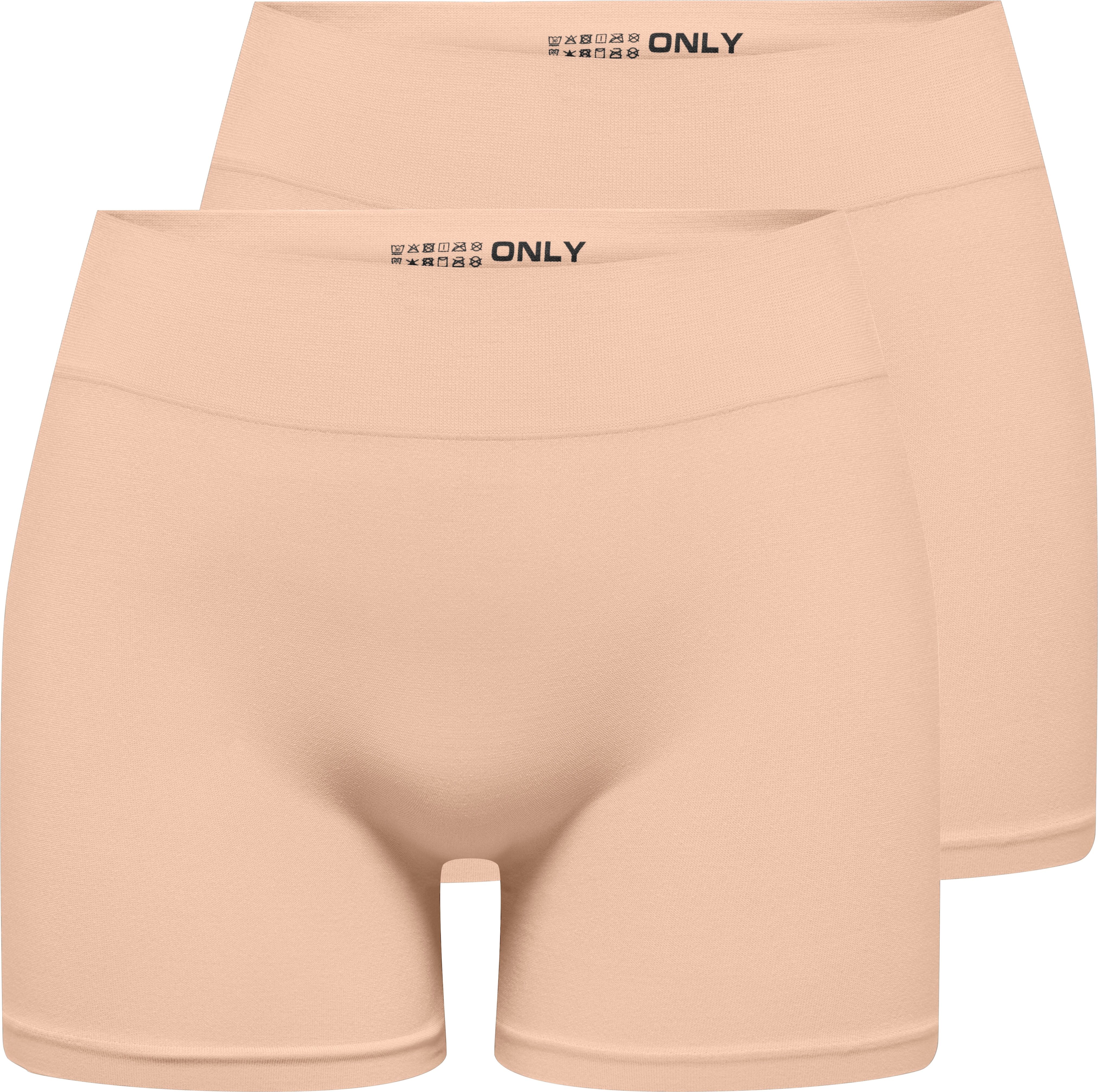 Hotpants ONLY "ONLVICKY S-LESS MINI SHORTS 2-PACK", Damen, Gr. XS, N-Gr, beige (peach taffy pack:peach taffy, peach taffy), Jersey, Obermaterial: 94% Polyamid, 6% Elasthan, unifarben, figurbetont kurz, Hosen Hotpants peach taffy pack:peach taffy, peach ta