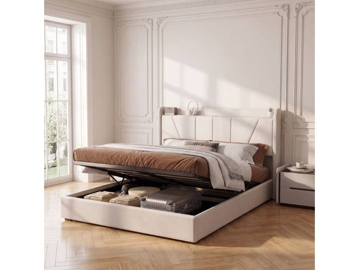 Lit coffre 140x200 cm Lit 140x200 avec USB Cadre de lit double 140x200 avec tête de lit rembourrée 2 Personnes Sommier Lin beige