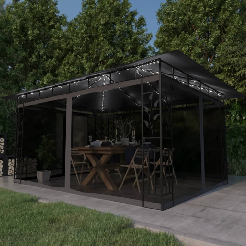 The Living Store Pavillon mit Moskitonetz & LED-Lichterkette 4x3x2,73m Anthrazit