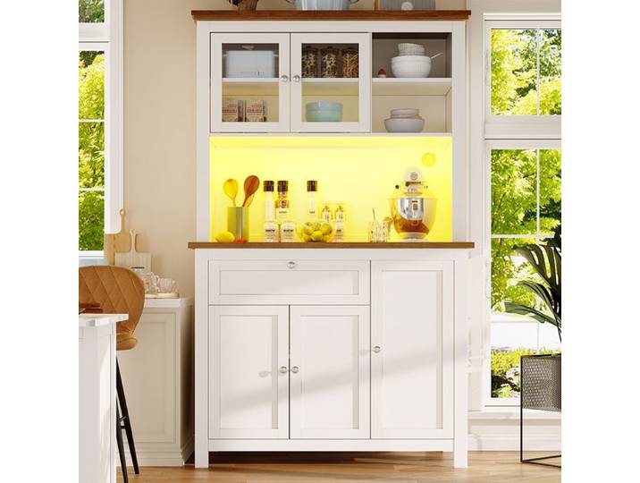 Armoire cuisine Buffet De Cuisine 104x40x180 cm Vitrine LED étagères réglables Blanc