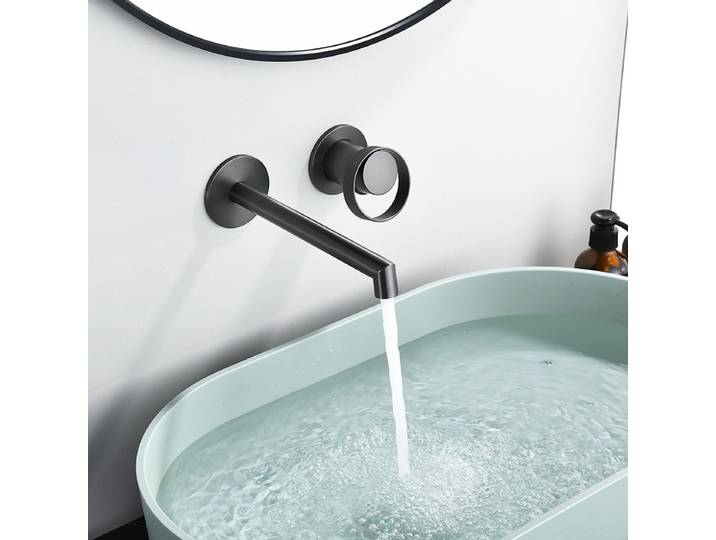 Robinets de lavabo muraux, brosse dorée, salle de bains, robinets d'évier à levier rond, mélangeur d'eau chaude et froide