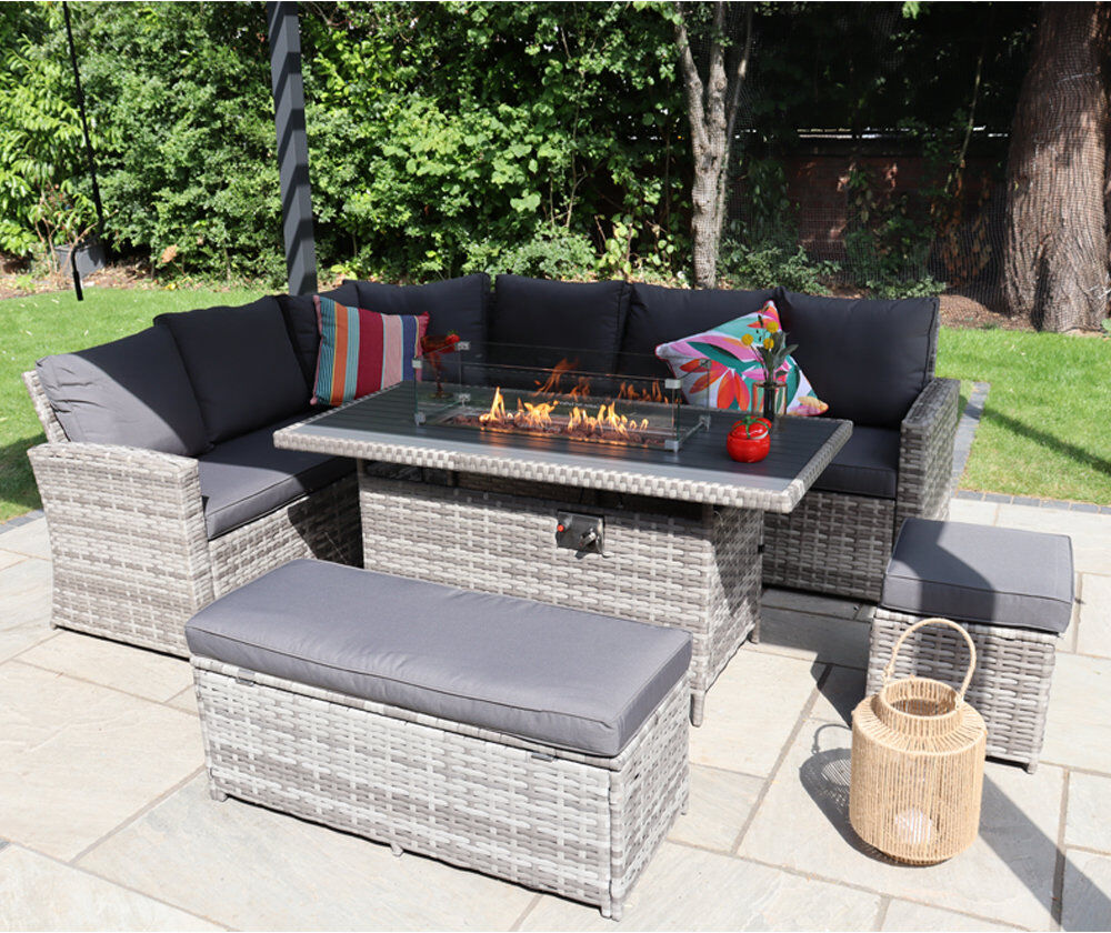ClassicLiving Werchter 9 Seater Corner Sofa Set with Fire-Pit Dining Table with Storage Box Grey 9