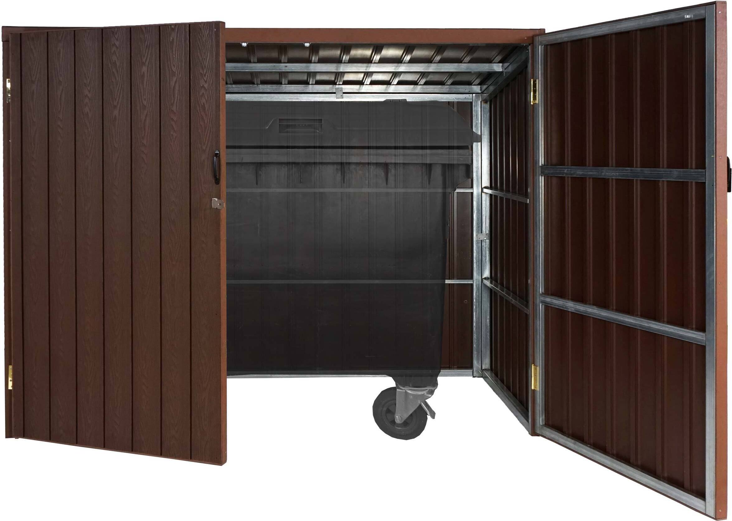 Mülltonnenverkleidung MCW-J29, Mülltonnenbox für Müllcontainer 660-770L, WPC Metall 172x213x112cm braun
