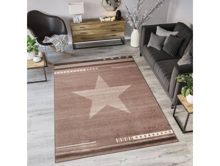 TAPISO Tapis Salon Poil Court MAROKO Marron Beige Etoile Polypropylène Intérieur 200x290 cm