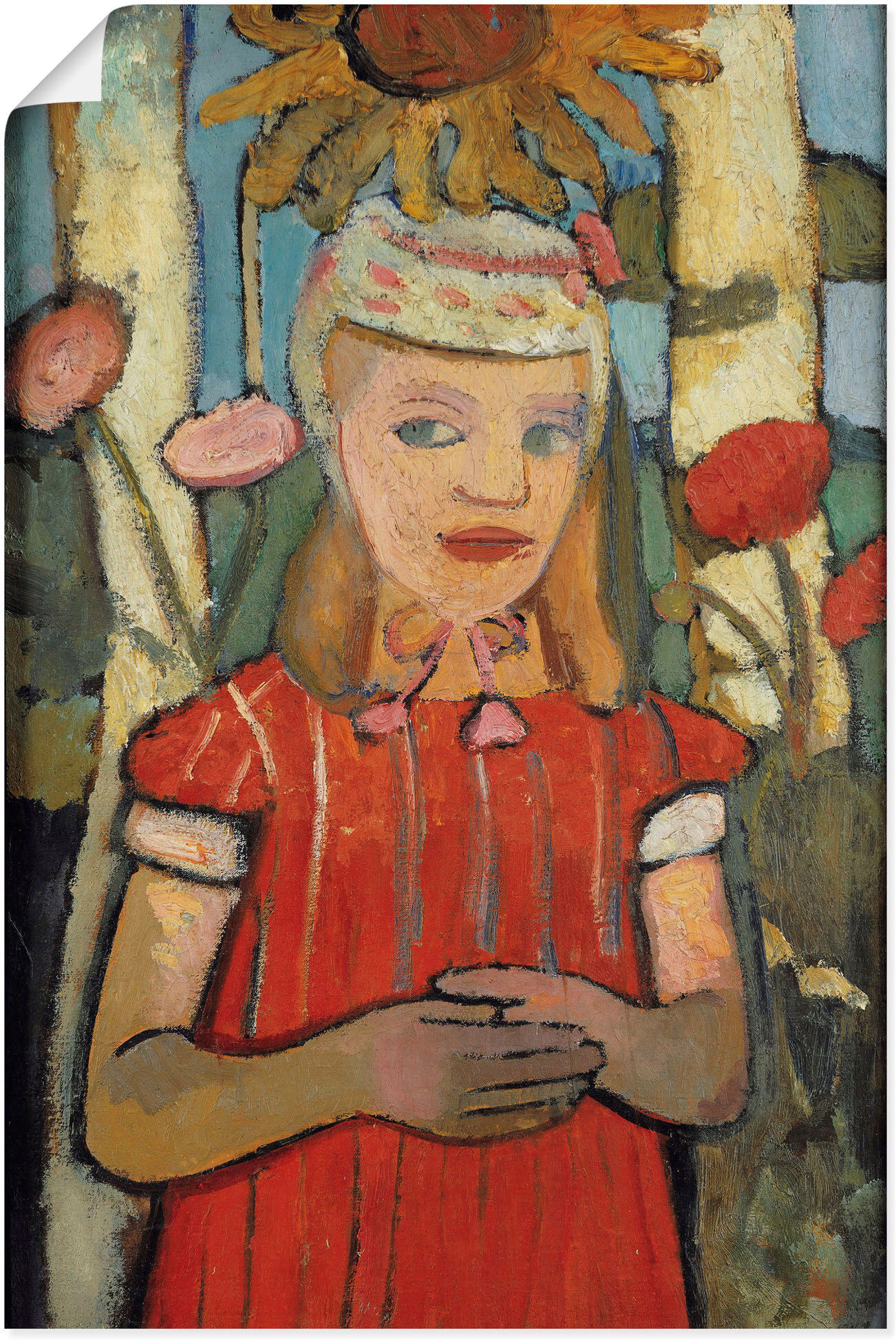 Poster ARTLAND "Mädchen in rotem Kleid vor Sonnenblume.", rot (farbe bild(er): rot), B:30cm H:40cm, Bilder, Poster, ohne Rahmen farbe bild(er): rot B/H/T: 30cm x 40cm, Poster Hochformat, 1 Stk.