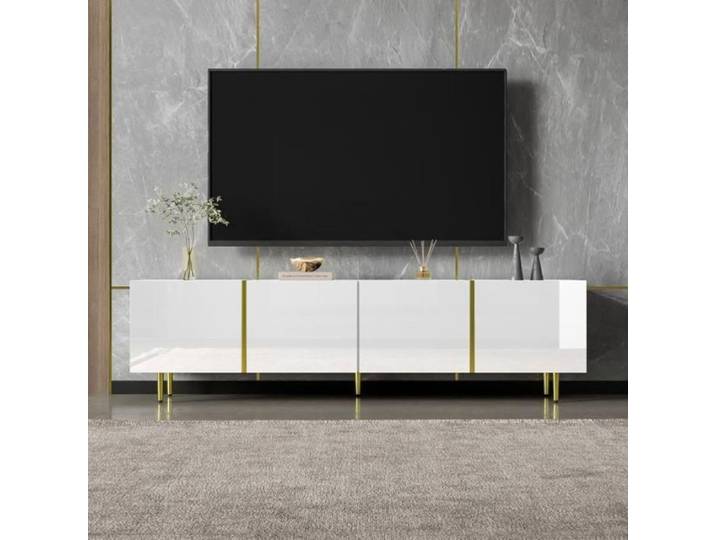Meuble TV brillante 190x38x48cm avec 4 portes moderne et sobre et or Blanc Blanc O.Ye Blanc MEUBLE TV