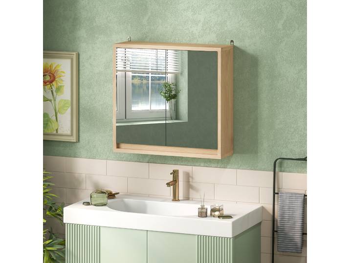 HOMCOM Armoire Salle de Bain Bois 2 Portes Miroir 48x45cm