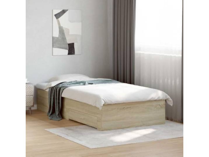 RJPLMFV Bettgestell mit Schublade, Eiche Sonoma, Holz Feste Latten im Lieferumfang enthalten, integrierte Aufbewahrung, modernes Design, einfache Pflege, robust und langlebig