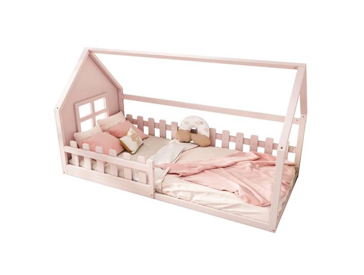 Modfu Hausbett aus Kiefer und MDF 90x200 cm Rosa in Hausform, bodennahes Design, Rechteckig, 90x200 cm, Babymöbel & Kindermöbel, Kinderzimmer & Jugendzimmer, Kinderbetten, Spielbetten