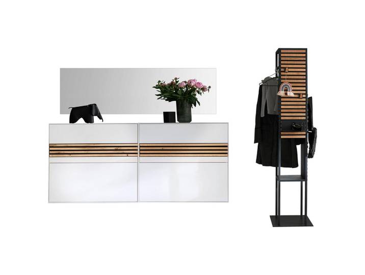 Schöner Wohnen Garderobe, Anthrazit, Weiß, Eichefarben, Holz, Metall, Glas, 4-teilig, Kerneiche, massiv, 256x186x42 cm, Goldenes M, Garderobe, Garderoben-Sets & Garderoben-Serien, Garderoben-Sets