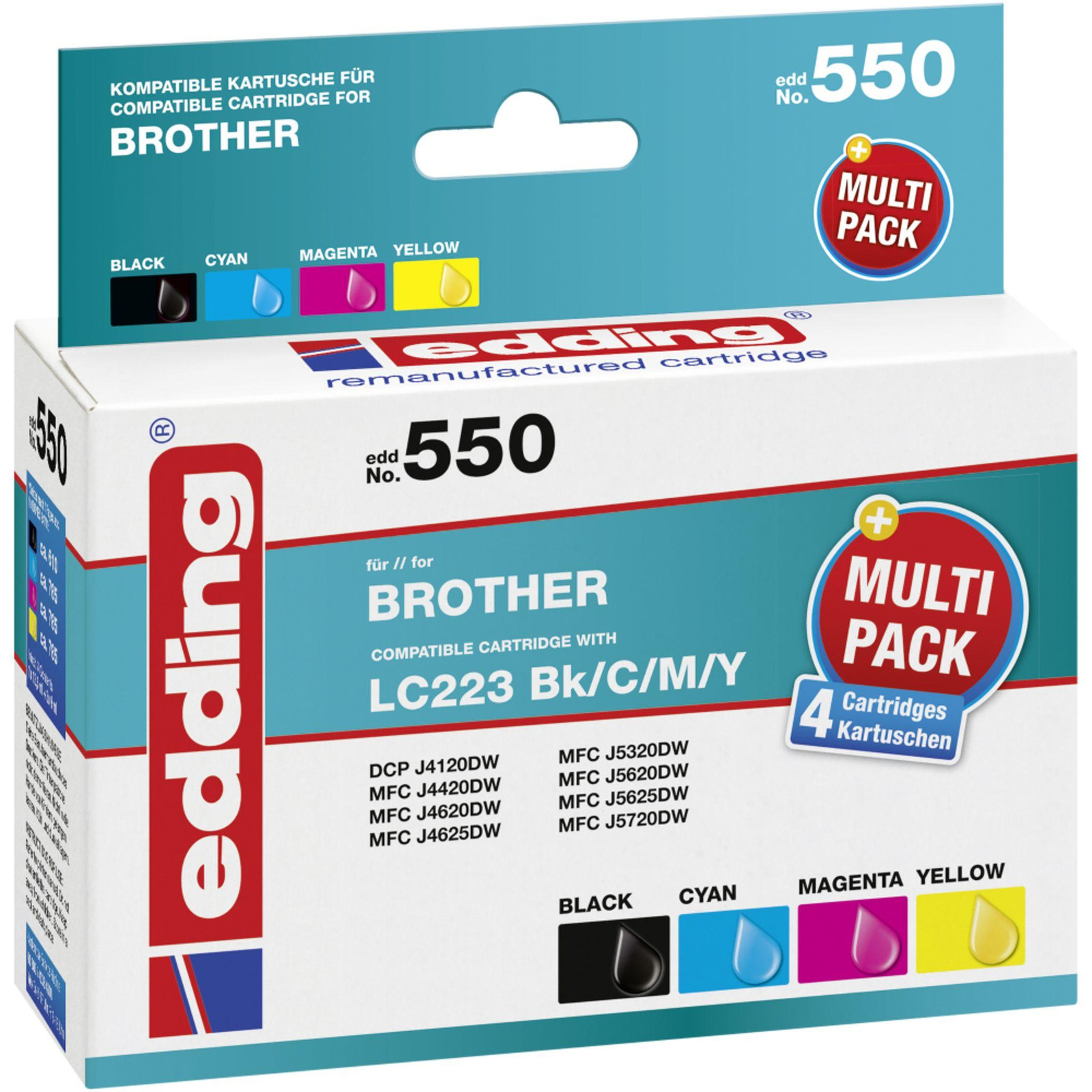 Edding Tintenkartridges 18-550-01 compatibel met Brother LC223, zwart/cyaan/magenta/geel, 4 stuks