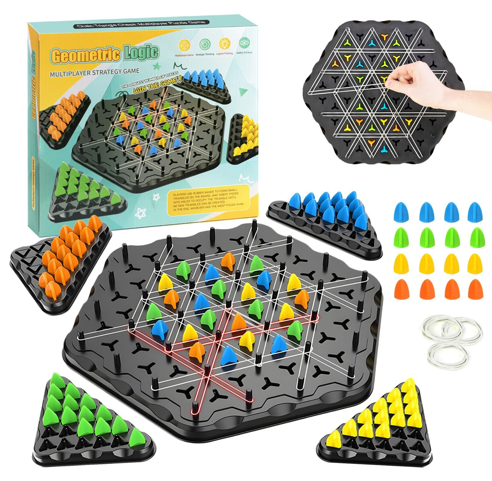 Selius Chain Triangle Game interactief bordspel met elastieken en driehoekig schaakbord
