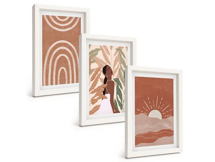 Tulup Bilder SET 3er Set - 20x30 cm Weißer Rahmen - abstrakte Formen im Boho-Stil, Kunststoff, Rechteckig, 20x30 cm, einfache und schnelle Anbringung, Bilder & Rahmen, Bilder