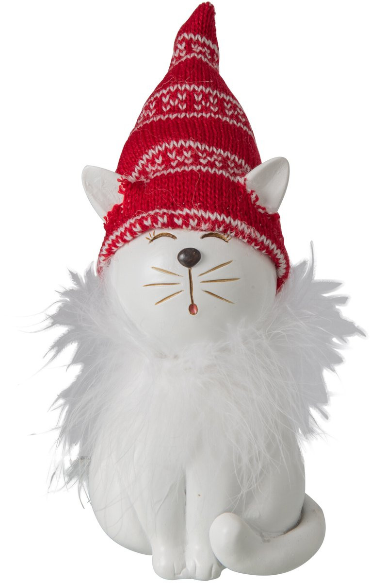 J-Line Decoratie Kat met Hoed - Wit/Kerstrood - Medium