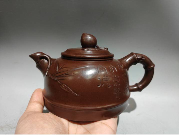 8 vieux Yixing violet argile Pot gravure célèbre citation motif pêche bambou rime Pot bouilloire théière Flagon rassembler fortune ornements