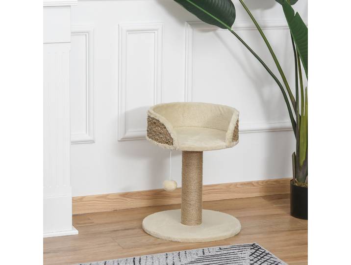 PawHut Arbre Chat Sisal Pompon+Plateforme 40x40x49cm Beige