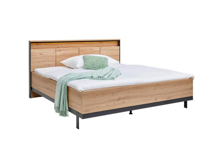 Voleo Bett, Schwarz, Eiche Artisan, Metall, F, 180x200 cm, Beleuchtung, Schlafzimmer, Bett, Doppelbetten