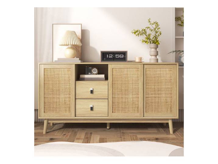Celya Sideboard Kombikommode mit 3 Schiebetüren aus echtem Rattan und 2 Schubladen, 155x38x80 cm, atmungsaktiv, stabil und vielseitig
